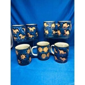 Mug Stoneware mugs drip glazed blue beige animals prints, 7 Pc Vintage